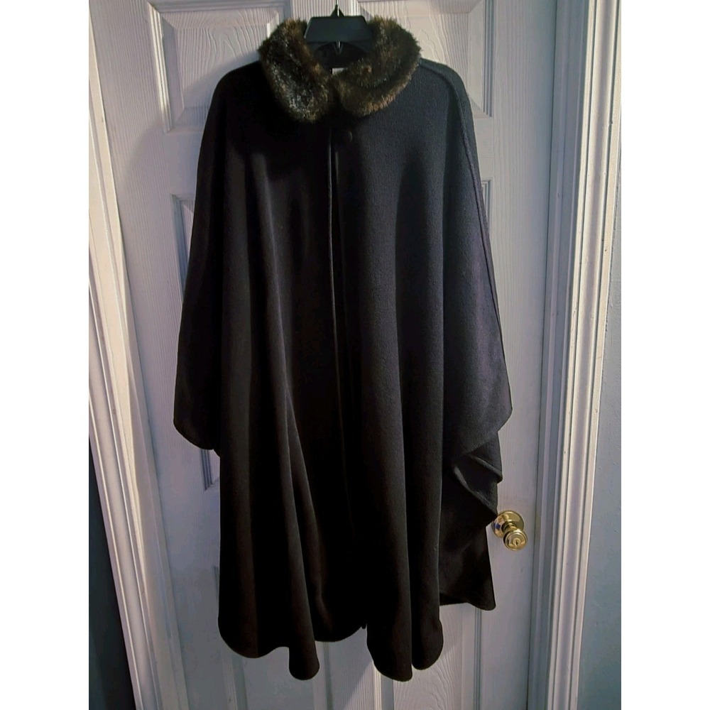 Worthington Vintage Long Black Cape Coat Faux Fur Collar Cape Coat OSize
